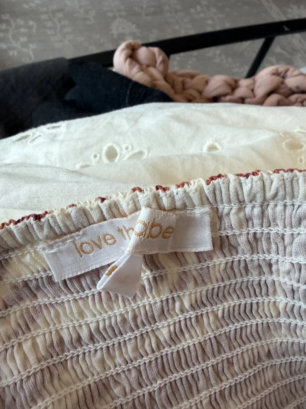 Anthropologie Love the Label Smocked Puff Sleeve Eyelet blouse XL cream zebra